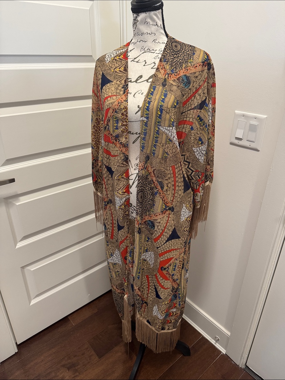 Boho Fringe Kimono Duster in Tan, Navy & Red